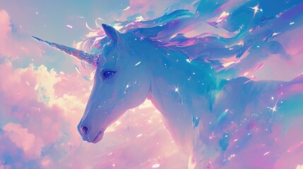 Poster - Capture the enchanting atmosphere of a rainbow unicorn against a pastel backdrop sprinkled with glittering stars set against a dreamy pink cloudy sky amid a whimsical holographic space This 