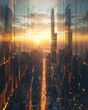 Solar cells seamlessly integrated into the glass facades of skyscrapers, urban renewable energy solutions, skyline reflecting the morning sun