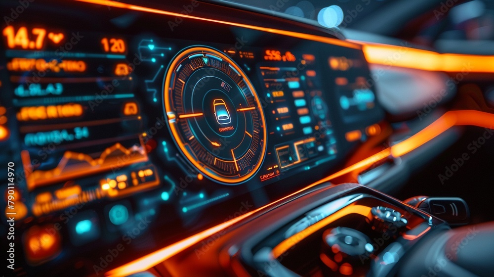 Detailed view of an electric vehicles dashboard and battery status ...