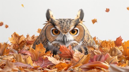 Wall Mural - A large owl is sitting in a pile of autumn leaves