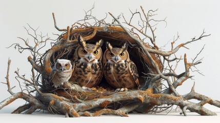 Sticker - Three owls are sitting in a nest made of twigs and branches