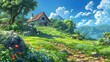 Charming depiction of a wooden dwelling in Japanese anime scenery, surrounded by lush greenery and blue skies