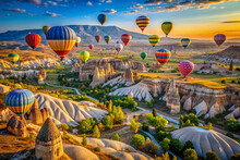 "Hot Air Balloon Ride": A Picturesque Scene Of Colorful Hot Air Balloons Floating Above The Breathtaking Landscapes Of Cappadocia, Turkey.

