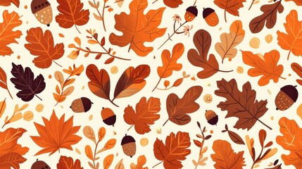Wall Mural - Illustration featuring a autumn pattern of oak leaves with acorns creating a vibrant and colorful display of nature The design showcases cartoon style brown and orange foliage comp