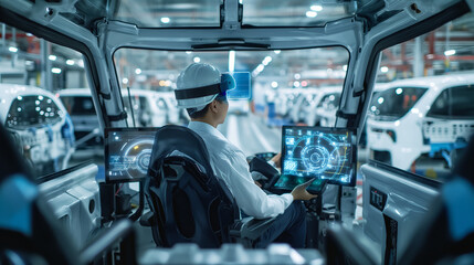 Amidst rows of autonomous vehicles, the engineer conducts system diagnostics using augmented reality interfaces, optimizing fleet efficiency and safety.