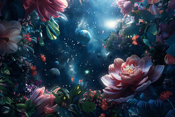 Wall Mural - A scene of a cosmic garden floating in space, with celestial bodies orbiting around giant organic flowers and plants 