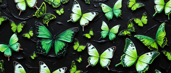 Sticker - 3D painting of swarming phosphorescent green butterflies at night, black background