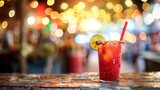 Fototapeta Dinusie - Refreshing michelada cocktail on a rustic bar counter with bokeh lights