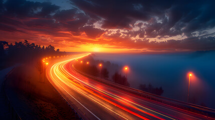 Wall Mural - A dynamic and high-speed abstract background of city highway with light trails at night.