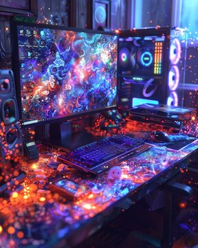 Artistic computer table with magical, colorful components ,3DCG,high resulution,clean sharp focus