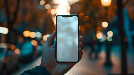 Poster - An illustration of a man's hand holding a mobile phone in a vertical position with a blurred background.