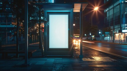 Poster - Blank white mockup of a vertical light box at night on a bus stop