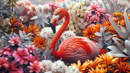 Wall Mural - A flamingo is standing in a field of flowers