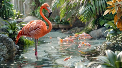 Wall Mural - A flamingo is standing in a pond with a group of fish