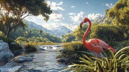 Canvas Print - A pink flamingo is walking along a river in a lush green forest