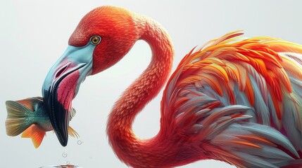 Wall Mural - A flamingo is holding a fish in its beak