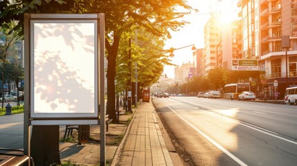 Poster - Poster on street next to roadway. Mock up. Blank white billboard at bus stop on city street. In the background, buildings and a road. Sunny summer day.