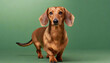 Dachshund in front of green background. Studio dog wallpaper.