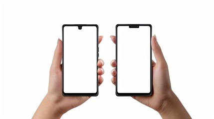 Poster - using a black smartphone with a framedless design with a blank screen, a woman is holding the phone 