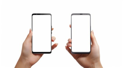 Poster - angular and vertical position of woman's hand holding black smartphone with blank screen - isolated 