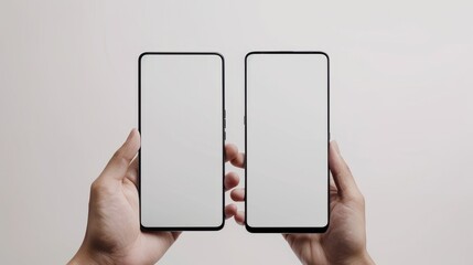 Wall Mural - A man holds a black smartphone with a blank screen with a modern frameless design, two positions vertical and rotated on a white background.