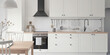 Minimal light scandinavian kitchen interior. White fronts, black hood, black oven