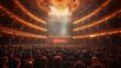 large concert hall from human eye perspective, many people looking at the stage and dancing