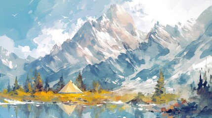 Wall Mural - Experience the breathtaking beauty of a hand drawn watercolor landscape capturing the picturesque scenery of snowy mountains nestled within a forest setting This scenic camping painting per