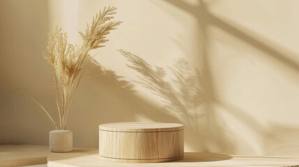 Aufkleber - Abstract background with geometric forms. Abstract round wooden saw cut cylinder with beige background. Empty showcase with geometrical shapes for presenting eco cosmetic products.