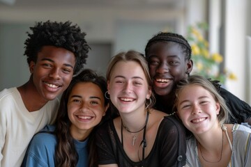 Happy group of young friends posing together in front of window, smiling and laughing for camera