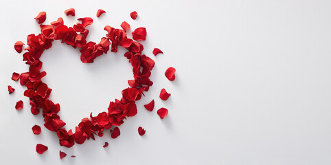 Red flower petals arranged in shape of heart over white table. Empty copy space inside and on side near. Generative AI