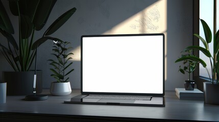 Poster - workspace with mockup laptop with blank screen.