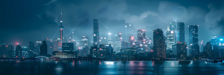 Poster - Smart city and abstract dot point connect with gradient line and aesthetic Intricate wave line design , big data connection technology concept .