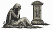 Gravestone with sculpture of woman in grief. Vintage