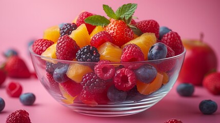 Wall Mural - fresh fruit salad colorful isolated on pink background