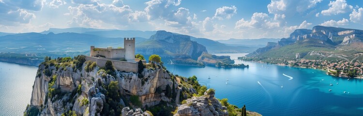 panorama of the lake with old castle on a hill