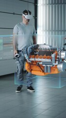 Wall Mural - two service manager engineers use virtual reality technology to diagnose an eco-friendly car engine 