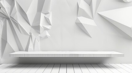 Poster - Abstract light white stage with simple lines and corners, polygons as a background with white wood shelf for advertisements, presentations, and other creative presentations.
