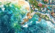 Illustrate an aerial view landscape using watercolor, featuring a coastal town embracing biodegradable technology Capture the vibrant hues of the ocean and eco-friendly structures with a touch of whim