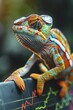 Chameleon on a branch with skin pattern morphing into a financial chart, adaptability in business.