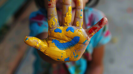 Wall Mural - a child painted a smile on his hand