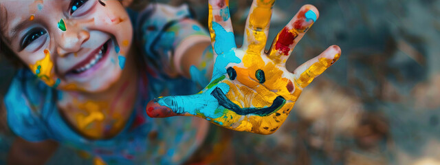 Wall Mural - a child painted a smile on his hand