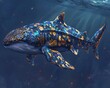 A stunning depiction of a LeviathanWhale Shark hybrid, brought to life in vibrant colors of indigo and gold, swimming effortlessly through the ocean , stock photographic style