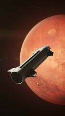 cinematic 3d graphics of mars rotating in outer space. spacecraft orbiting red planet. manned resear