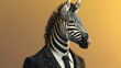 A zebra in a stylish blazer. radiating sophistication with its black and white stripes and distinctive stature. The background is a gradient of savannah hues that enhance the zebra’s vibrant coloratio