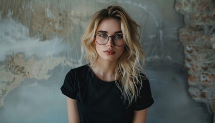 Wall Mural - A fashionable blonde female posing with elegance in a black t-shirt and glasses. Her casual stance