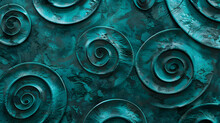 Abstract Background Of Turquoise And Silver Patterned Spirals Made From Rough Concrete Texture. Cast In Dark Teal Cement With Fine Pits. Perfect For Design Elements