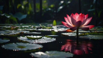 A Fresh and red Beautiful Lotus Flower is Blooming and glowing in the morning in a pond.