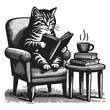 A cute tabby cat sits in a cozy chair and reads a book. Vintage engraving illustration, emblem, isolated object, print