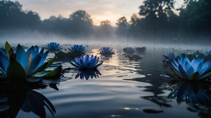 A Fresh and blue Beautiful Lotus Flower is Blooming and glowing in the morning in a pond.